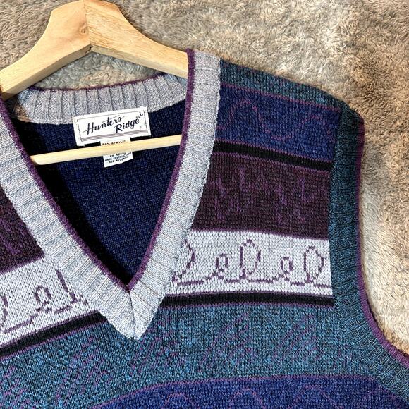 Vintage 80s Hunters Ridge Sweater Vest L Large Men's Blue Gray Purple Stripe - Picture 3 of 6